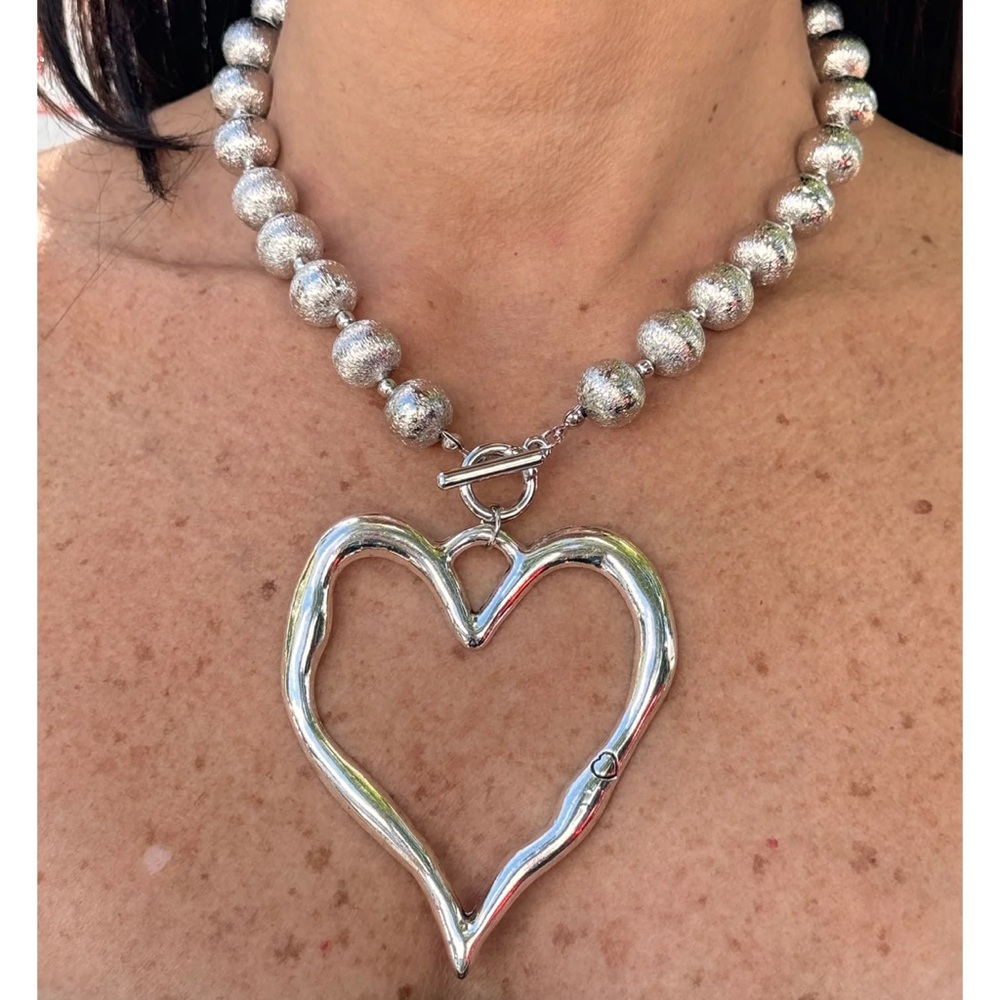 Chunky Heart Plated Necklace Beaded Bohemian